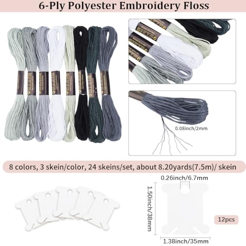 24 Skeins 6 Strands Variegated Grey Cross Stitch Threads Embroidery Floss Gradient Friendship Bracelets Yarn String Bulk with Floss Bobbins for Hand Sewing Jewelry Knitting Crafts Crochet - color: Dark Gray