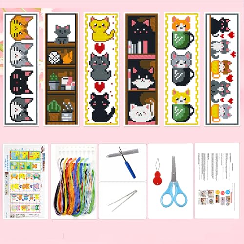 Zhenqing Bookish Cat Stamped Cross Stitch Bookmark Kit, 6 Cute Kitten Bookshelf and Mug Designs on 11CT Printed Fabric for Adults and Beginners, DIY Reading Gift for Cat and Book Lovers - color: Cat-Themed Bookmarks