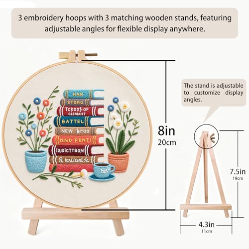 Qupace 3 Pcs Tree Embroidery Kits for Beginners Adults - Cross Stitch Sewing Craft Set with 3 Embroidery Hoops & 3 Finished Stands,Book Needlework Kit - color: White