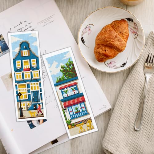 INFUNLY 6 Set DIY Cross Stitch Bookmark Kit Building House Cross Stitch Kits 8"x2.4" Pre-Printed Architectural Stamped Embroidery Bookmark Kit with Instructions for Beginners Book Lovers Adults Gift - style: 6pcs Building House