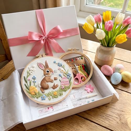 AZY Easter Embroidery Kit – Single Pre-Printed Floral Pattern with Adjustable Embroidery Hoop, Thread, Needle, Threader & Instructions – for Beginners and Cross Stitch Lovers - style: Easter embroidery