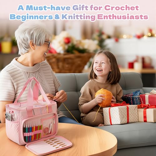 Dadanism Crochet Bag Organizer, Yarn Bag with Handle & Shoulder Strap - color: Pink