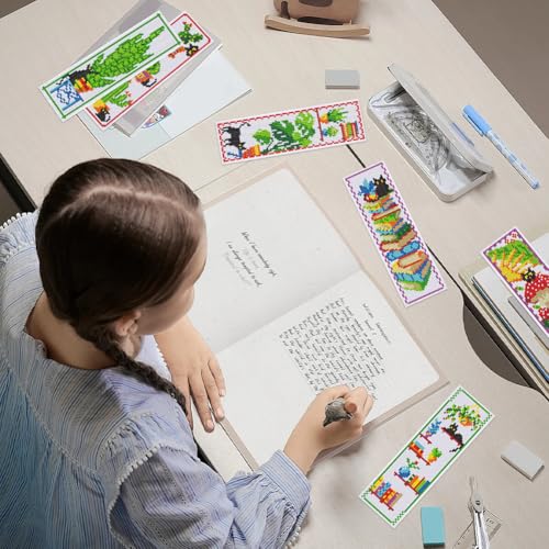 INFUNLY 6pcs DIY Cross Stitch Bookmark Kit Plant Stamped Embroidery Bookmark Kits Instruction Included 8.7x3.1 Black Cat Easy Cross Stitch Kits for Adults Beginners Book Needlepoint Bookmark Kit - style: Plant Book