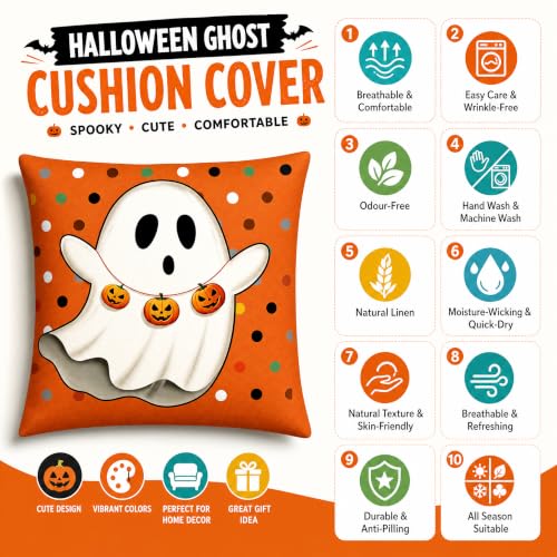 Cute Ghost with Pumpkin Linen Pillow Cover 18x18 Yellow Background - color: Pa10064, size: 18" x 18" (Pack of 1)