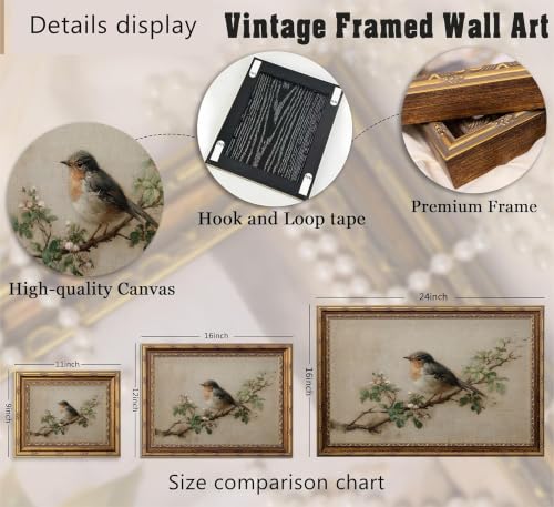 Gold Framed Vintage Robin Bird Canvas Wall Art Farmhouse Cottage Neutral Bird Paintings Pictures Wall Decor Posters Prints Artwork for Bedroom Office Gallery Home Decoration - color: Robin, size: 16"L x 12"W