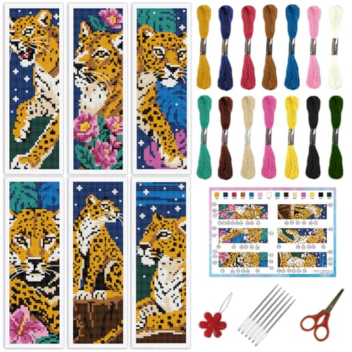 INFUNLY 6PCS/Set Cheetah Cross Stitch Bookmark Kit 2.99x8.54 Wild Leopard Handmade Cross Stitch Bookmarks DIY Embroidery Bookmarks for Readers with Instruction for Starter Adults Book Lovers - style: Cheetah