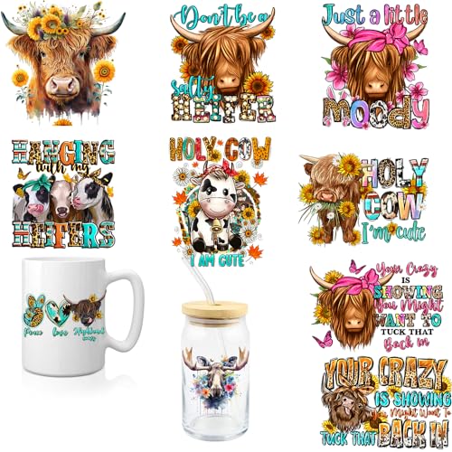 10 Pcs Western UV DTF Wrap Cup Transfer Stickers Highland Cow UV DTF Transfer Waterproof Stickers Rub on Transfers Mug Stickers Decals for Crafting DIY - style: D015