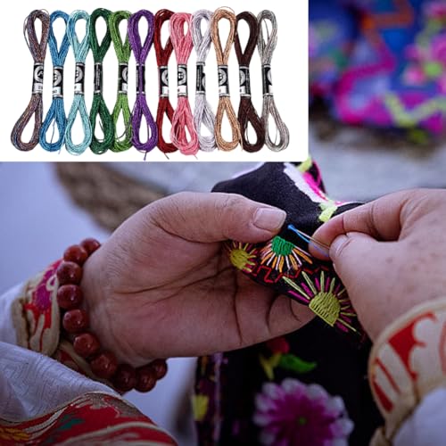 12 Skeins 6 Strands Metallic Embroidery Floss Glitter Cross Stitch Thread Colorful Sparkly Polyester Friendship Bracelet String Yarn Threads Bulk for Hand Sewing Crafts Bracelets Making DIY - color: Colorful