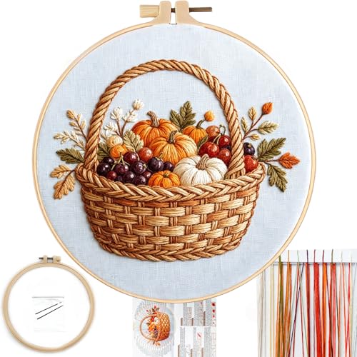 FONNUY Fall Embroidery Kit, Handmade Autumn Wreath Pre-Stamped Pattern for Beginners, Thanksgiving Harvest Home Decor, 8'' Hoop (Basket) - color: Basket