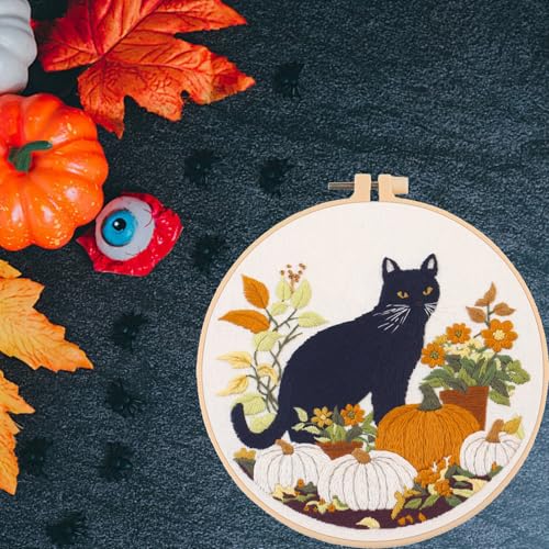 IUHUI Embroidery Kit for Beginners Adults - Black Cat and Pumpkin Themed Halloween Easy Patterns, DIY Hand Stitching Embroidery Set with Hoop (Black Cat Autumn Flower) - color: Black Cat Autumn Flower