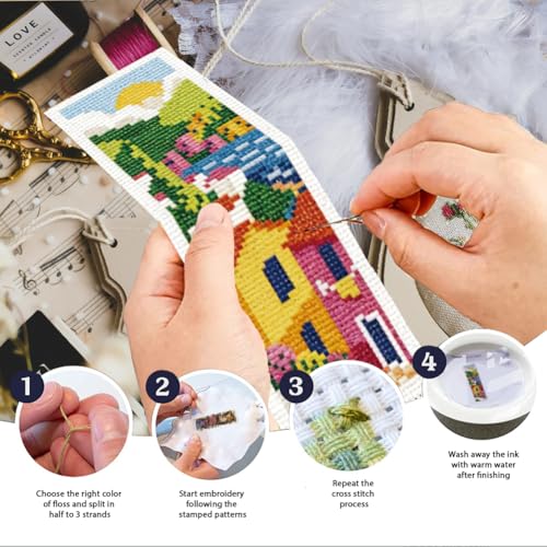 INFUNLY 6pcs Scenery Cross Stitch Bookmark Kit DIY Beach Stamped Embroidery Bookmark Kits 8.7×3.2" Mountain Needlepoint Kit with Instruction Town Easy Cross Stitch Kits for Book Lovers Readers - style: Scenery