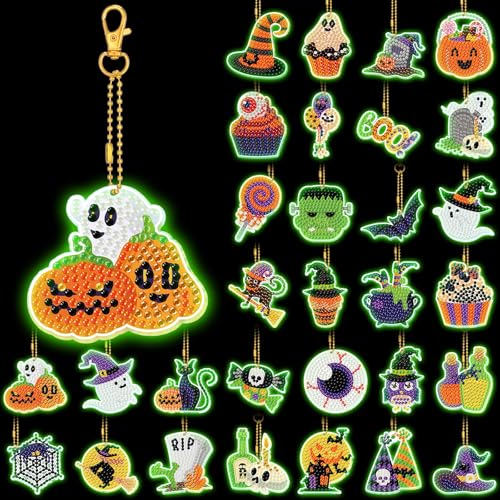 WILLBOND 30 Pcs Glow in Dark Halloween Diamond Art Keychain Ornaments - color: Glowing