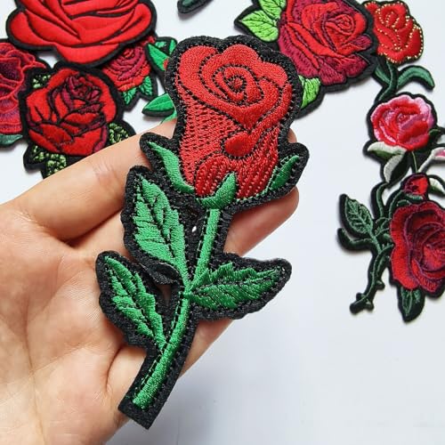25pcs Rose Iron on Patches, Assorted Sizes Red Floral Embroidered Patches Applique for Clothes Hats Jeans Jacket - color: Red Rose