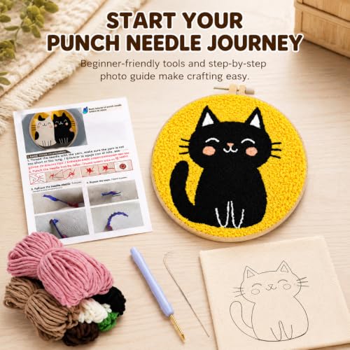 Punch Needle Kit for Beginners, DIY Black Cat Craft with Embroidery Hoop