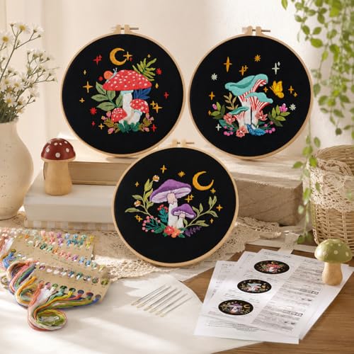 Nuberlic 3 Pack Embroidery Kit for Beginners, Mushroom Cross Stitch Kit - color: Kit 1