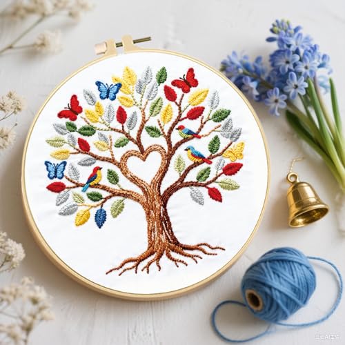 FREEBLOSS 4 Set Embroidery Kit Tree of Life Stamped Embroidery Starter Kit with Step by Step Instructions, Colored Threads, 2 Hoops, Needlepoint Kits for Hand Craft Lovers Gift, 30cm/11.8inch - style: Life Tree