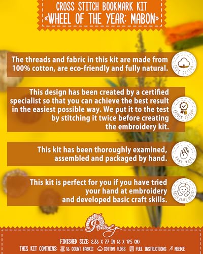 Povitrulya Cross Stitch Bookmark Kit “Mabon“ – Counted DIY Embroidery Set for Adults & Beginners, Autumn Equinox Pagan Wiccan Alban Elfed Harvest Festival Needlework Gift - color: Mabon
