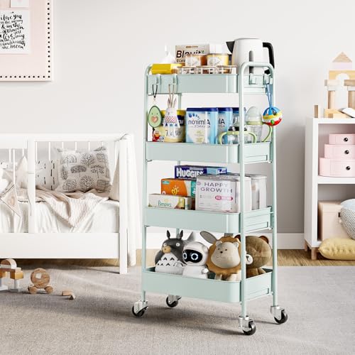 TOOLF 4 Tier Metal Rolling Cart, Utility Storage Cart with Wheels, Green - color: Green, size: 4-Tier