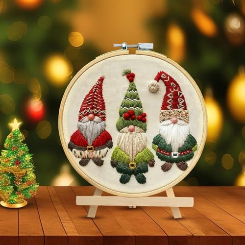 RUIQLXHANG Christmas Embroidery Kit - Christmas Gnomes Embroidery Kits for Beginners with Pattern, Cotton Threads, Needles, Instruction, 20cm Hoop, Gift for Mom, Grandma - color: Christmas Gnomes