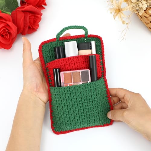 Handmade Crochet Bag Organizer,2-Layer Small Crochet Pouch for Women,Crochet Hook Storage & Knitting Project Bag,Green Red Crocheted Bag for Crochet Supplies,Scissors,Gifts for crochet lovers
