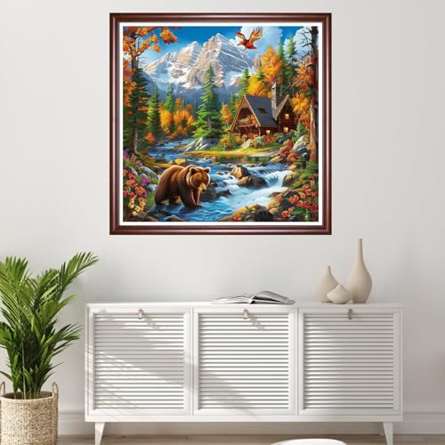 Redxing Stamped Cross Stitch Kits Full Range of Embroidery Starter Kits- Needlepoint Counted Cross Stitch Kits for Beginner Adults 11CT Printed Embroidery Kit-Deep Autumn Brown Bear 18x18 inchs - color: DIYArtsKit05