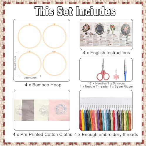 CanVrinxol 4 Sets Christmas Embroidery Kits for Adults Beginners, Cross Stitch Kits with Patterns, Hoops, Threads, Needles & Tools, DIY Craft Gift Ideas (Christmas Collection 2) - style: Christmas Collection 2