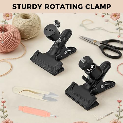Portable Metal Embroidery Hoop Holder, 360° Rotatable Adjustable Embroidery Stand, Black Hands-Free Desktop Clip for Cross Stitch & Needlepoint, Compatible with Most Framework
