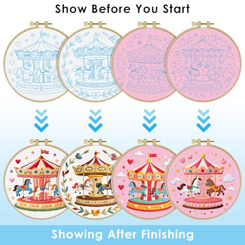 ERKOON 4 Set Embroidery Kit for Beginners, Cross Stitch Set Include Embroidery Cloth Hoops Threads for Craft Lover Hand Stitch with Embroidery Skill Techniques (Carousel) - color: Carousel