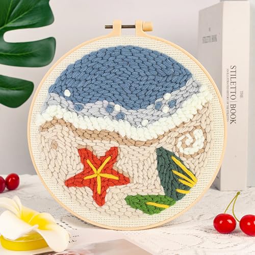 Woohome Punch Needle Kit Included Plastic Hoops, Punch Needle Cloth, Color Yarn and Punch Needle Tools for Adults, Beginners (Beach, Hut, Sunset) - color: Color 14
