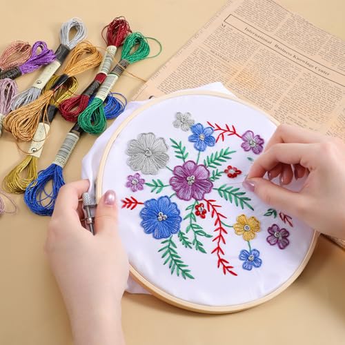 KALIONE 10 Skeins Embroidery Floss with 1 Pcs 8 Inch Round Embroidery Hoop Frame, 10 Colors Metallic Polyester Threads, Circle Imitated Wood Display Frame for DIY Embroidery Crafts (8 m 12 Strands)
