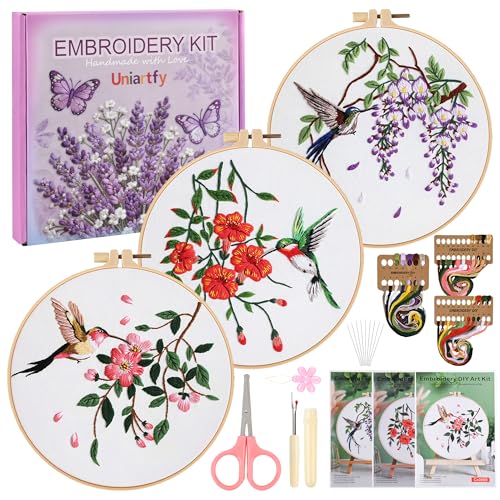 Uniartfy Embroidery Kit for Beginners with Hummingbird and Flower Pattern - color: Embroidery Kit-E