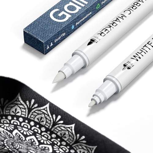 Gain-Art White Fabric Marker for Dark Clothes, Wash-Resistant, No Bleed, Quick Dry Professional Dual Tip Pen, Permanent Paint for Clothing, Canvas Cover Stains, DIY Art Crafting Set of 2