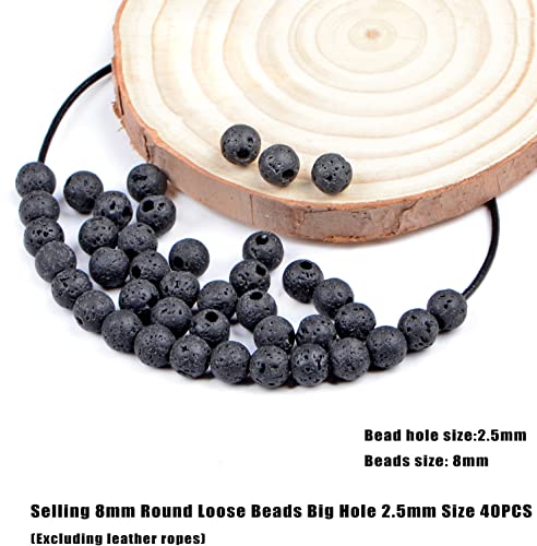AD Beads Natural Gemstone 8mm Round Loose Beads Big Hole 2.5mm Sized 40pcs (Black Lava Stone) - color: Black Lava Stone