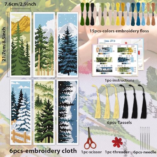 ACRNIGHEET 6PCS Cross Stitch Bookmark Kit for Beginner Pine Stamped Cross Stitch Kits Needlepoint Kit for Adults DIY Tassel Embroidery Bookmark Kits with Instructions Craft Gift 8.5"x3" 11CT - style: Pine Tree Patterns
