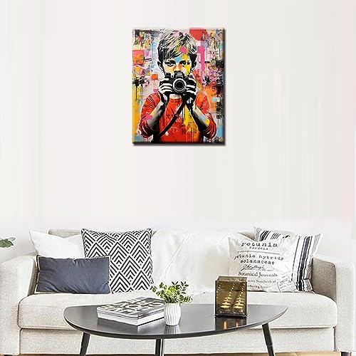 Banksy DIY Oil Painting Paint by Numbers Kits 16 x 20in A Boy Hold a Camera Street Pop Art Canvas Oil Painting Best Gift for Kids Students Adults Beginner with Brushes and Acrylic Pigment (DIY Frame) - color: Banksy-02, size: 16''Wx20''H(DIY Frame)