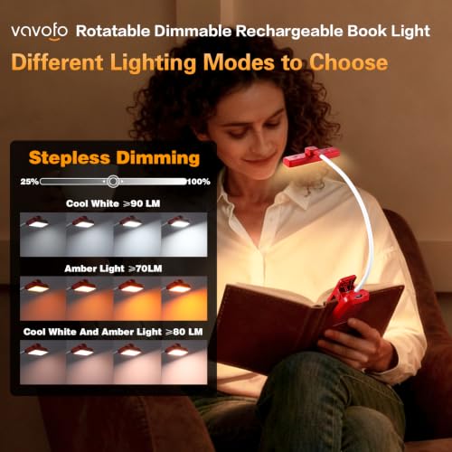 VAVOFO 24 LEDs Rotatable Book Light, Rechargeable Clip Reading Lamp, Red - color: Red