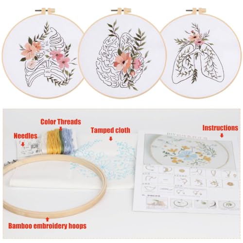 Yangshine 3 Sets Human Anatomy Embroidery Kit for Beginners,Heart,Lungs,Bones, Anatomy Floral Art Print Cross Stitch Kits,Including Hoops, Fabric,Threads,Needles,Instructions and Tool Kit - color: Heart Lungs Bones