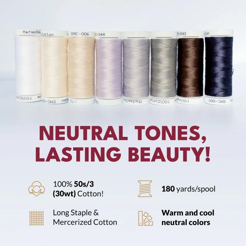 Madam Sew Cotton Thread Set – 8 Small Spools – 100% Cotton Thread for Sewing Machine & Hand Stitching | Strong, Low-Lint All Purpose Threads for Fabric, Quilting, and Stitching – Sand & Stone - color: Sand & Stone