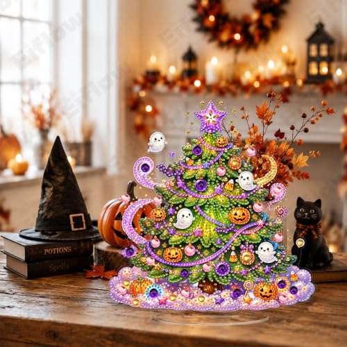 Eiflow Halloween Diamond Art Tabletop Kit for Adults Pumpkin, DIY Table Top Diamond Art Painting with Stand, Acrylic Stand Up Gem Painting Board Kit (Halloween Tree) - color: Halloween Tree