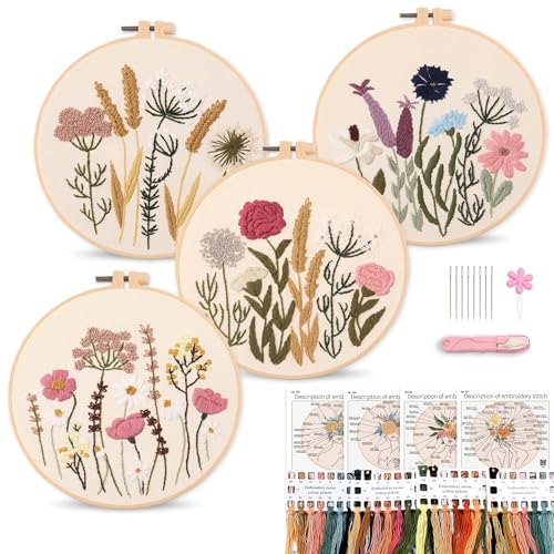 Harimau Adult Beginner Embroidery Starter Kit, Complete Set with 4 Patterns, 2 Hoops, Needles, Scissors, Instruction Guide & Stitching Video Tutorials - color: Floral3 pattern