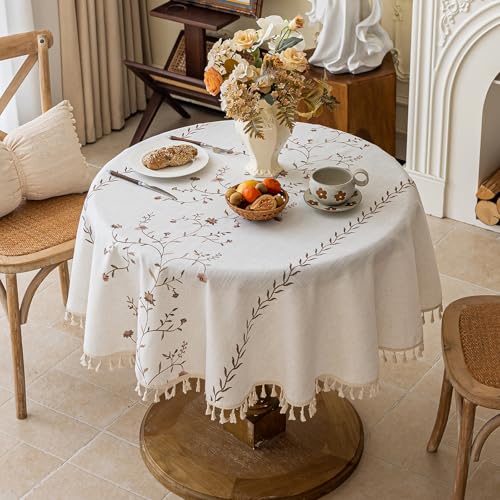 Joyfol Day Linen Waterproof Round Tablecloth with Tassels, Rustic Farmhouse Flowers Embroidery Table Cloths for Round Tables, Heavy Weight Spill-Proof Table Covers, Coffee Florals, 55 inch - color: Coffee Florals, size: 55" (Round)