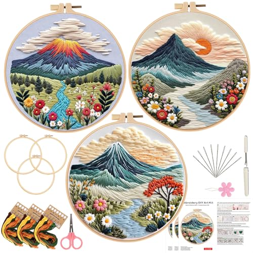 Embroidery Kit for Adults, Pre-Stamped Pattern Embroidery Kit for Beginners, DIY Hand Needlepoint Starter Kit with Hoop Thread Needle Instruction, 6.3'' Hoop (Nature Landscape 3 Packs) - style: Nature Landscape 3 Packs