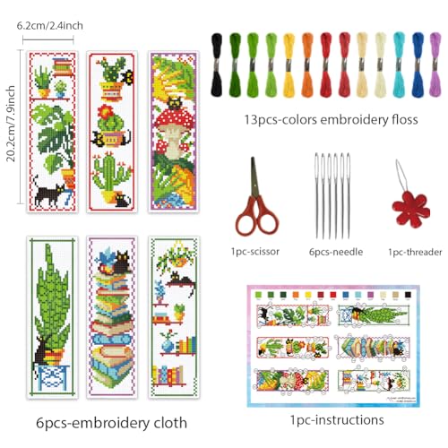 INFUNLY 6pcs DIY Cross Stitch Bookmark Kit Plant Stamped Embroidery Bookmark Kits Instruction Included 8.7x3.1 Black Cat Easy Cross Stitch Kits for Adults Beginners Book Needlepoint Bookmark Kit - style: Plant Book