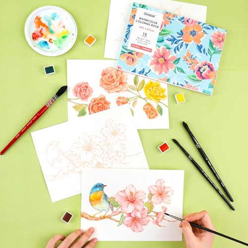 Grabie Watercolor Coloring Book, 15 A5 Cotton Sheets, Flower Themed - color: Floral