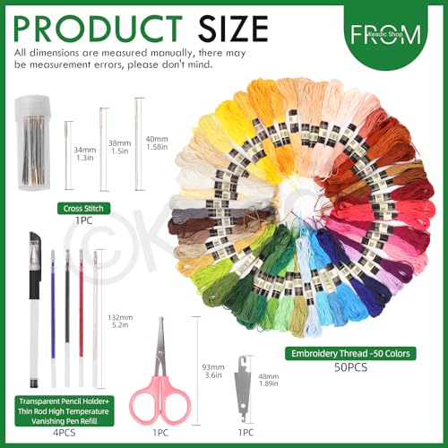 Keadic 78Pcs Embroidery Kit for Beginners, Hand Embroidery Kit Classic Embroidery Stitches Practice Kit, Starter Embroidery Kit for Beginners and Expert
