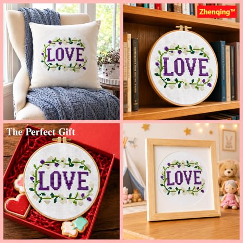 Zhenqing Love Word Cross Stitch Kit for Beginners, 11CT Printed 20x20cm with 16cm Hoop, Purple & Floral Embroidery Set(70835) - color: LOVE