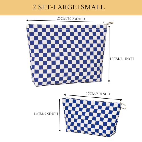 getgto 2 Pcs Makeup Bags, Large Cosmetic Bag Travel Toiletry Bag - color: Blue Checker