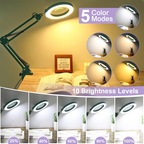 12X Magnifying Glass with Light and Clamp, Real Glass Lens Lighted Magnifier with Stand, 5 Color Modes LED Dimmable Magnifying Desk Lamp Hands Free for Crafts Painting Sewing Close Work - Green - color: Green, size: 12X 17.8inch Clamp
