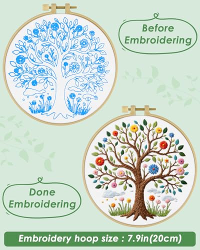 ERKOON Embroidery Kit for Beginners Adult, Cross Stitch Set Include Embroidery Cloth Hoops Threads for Craft Lover Hand Stitch with Embroidery Skill Techniques (Tree) - color: Tree