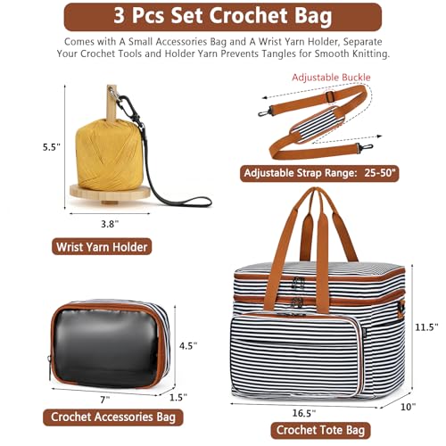 Crochet Organizer Bag with Yarn Holder, Large Yarn Storage for Accessories - color: Black Stripes